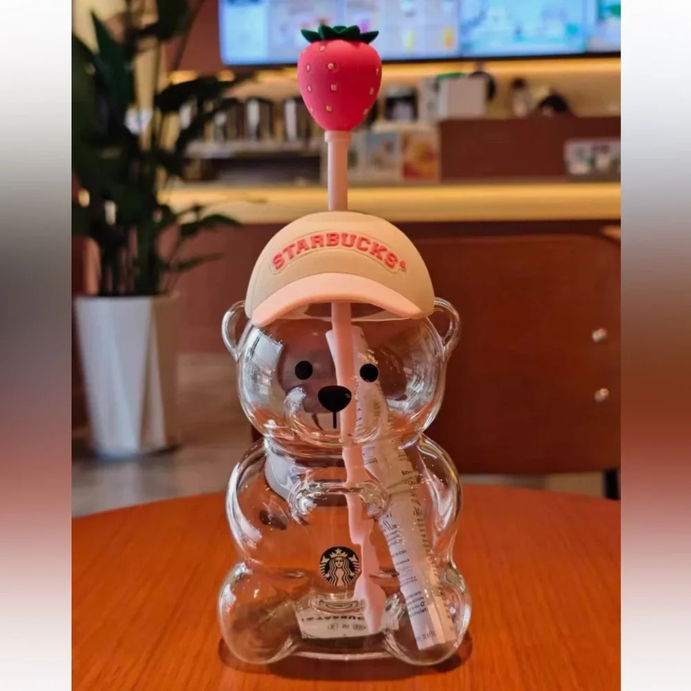 Starbucks Glass Bearista Bear Cup Strawberry Straw & Hat 20oz